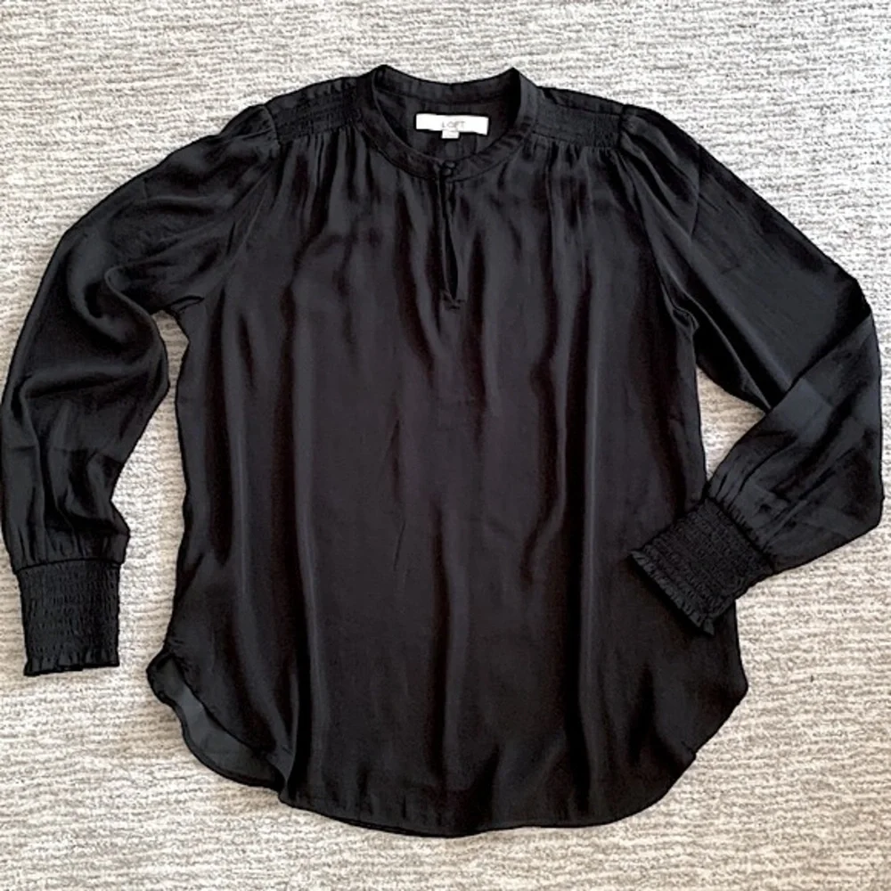 LOFT Black Satin Blouse Womens Size Small Smocked Long Puff Sleeve Fairy Goth